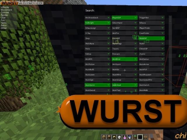 Pobierz cheat wurst 3.0 dla Minecraft 1.8.  Wurst - Jeden z najlepszych kodów do Minecrafta.  Jak zainstalować kod Wurst