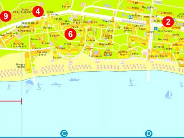 Bản đồ chi tiết về Sunny Beach - đường phố, nhà ở, khu vực Bản đồ của Bulgaria trong Sunny Beach thuộc Nga